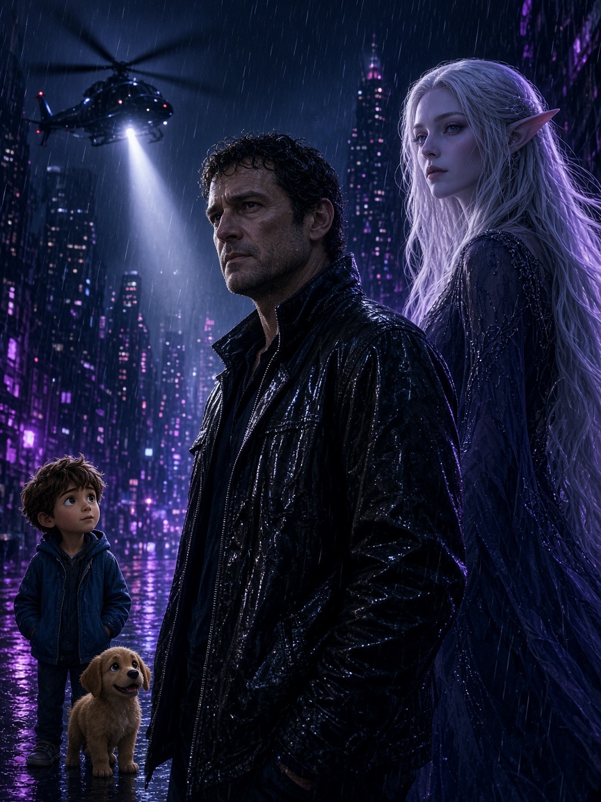 A cinematic night scene with a film character, a fantasy character, and an animated story.